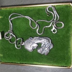 Old ITALY Mother AND BABY STERLING SILVER BOX CHAIN PENDANT SILVER TONE vintage